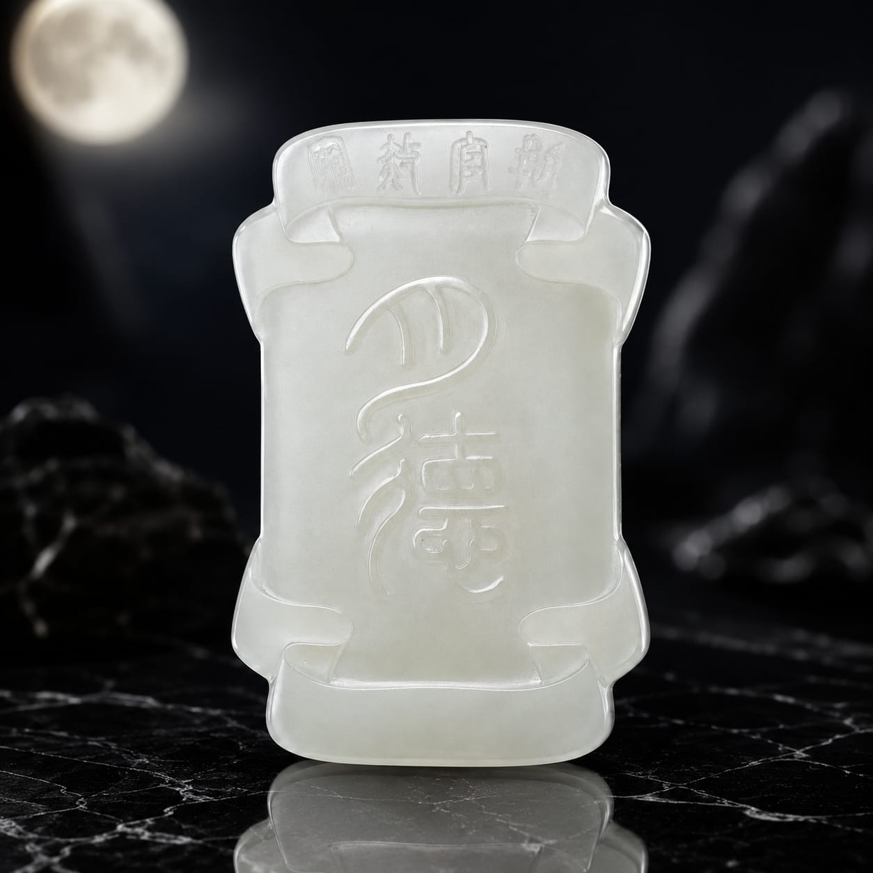 The Moon Virtue pendant placed on a reflective black surface under soft lighting, emphasizing the carved jade details and serene energy inspired by the moon.