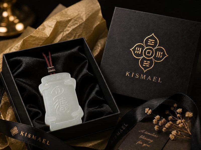The Moon Virtue Hetian jade pendant displayed in a premium black gift box with satin lining, alongside elegant branded packaging. The image highlights the pendant as a thoughtful and meaningful gift.