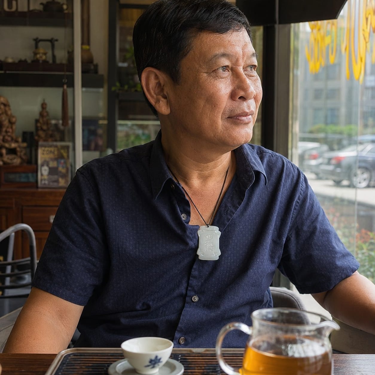 Mature overseas Chinese man wearing the Moon Virtue pendant on a cord necklace while sitting at a cozy tea table, reflecting a calm, balanced, and intentional lifestyle.