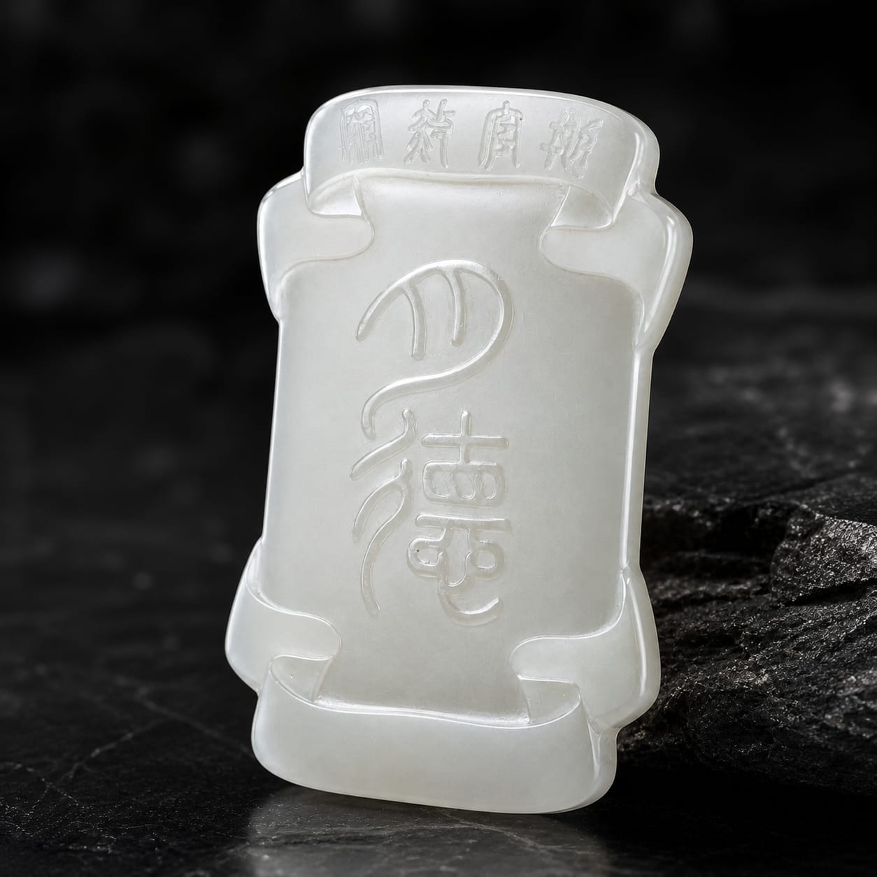Close-up of the Moon Virtue pendant highlighting the intricate carvings and smooth Hetian jade surface, photographed on a dark reflective background.