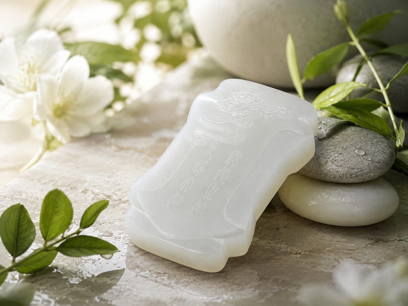 Moon Virtue jade pendant lying on a flat stone surface, surrounded by green leaves and delicate white flowers. The pendant’s white jade texture and engraved details are in focus, conveying mindfulness, reflection, and personal wellness rituals.