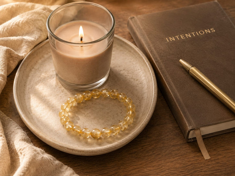 Citrine bracelet on a small plate next to a lit candle and intention journal, conveying a calm, mindful morning ritual and connection to positive energy.