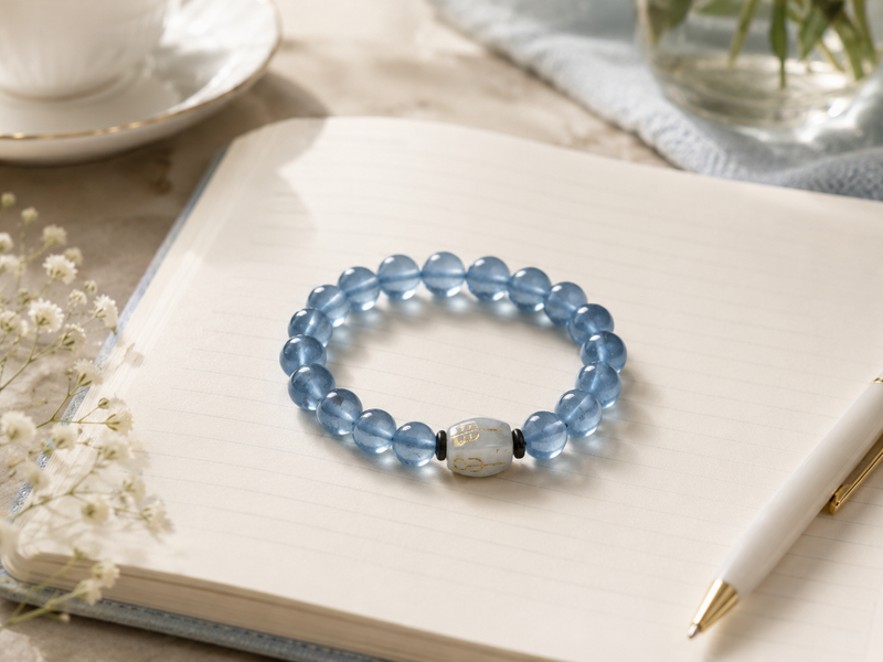 A Natural Aquamarine Bracelet with a Hetian jade “San He Water” charm placed on an open notebook with a pen, symbolizing a calm and focused morning study ritual.