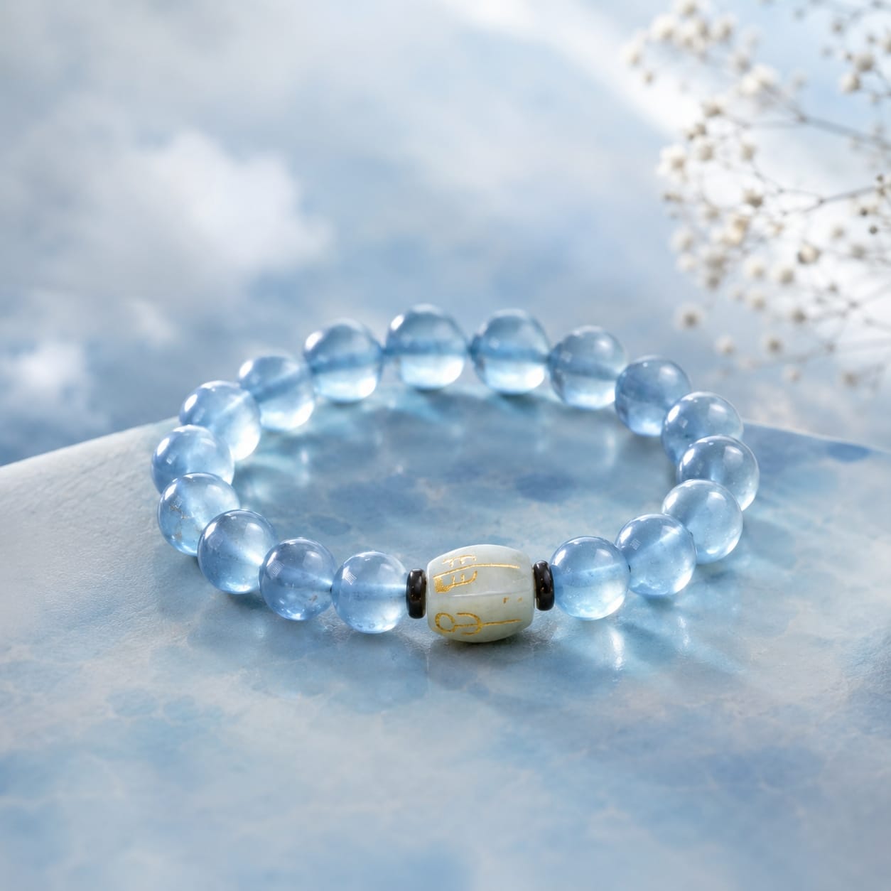 Natural Aquamarine Bracelet with “San He Water” Hetian jade charm arranged on a light blue surface with delicate white flowers in the background.