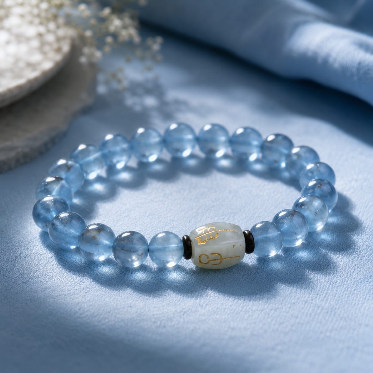 Natural Aquamarine Bracelet positioned on a textured soft blue cloth, capturing light reflections and highlighting the jade charm in a serene setting.