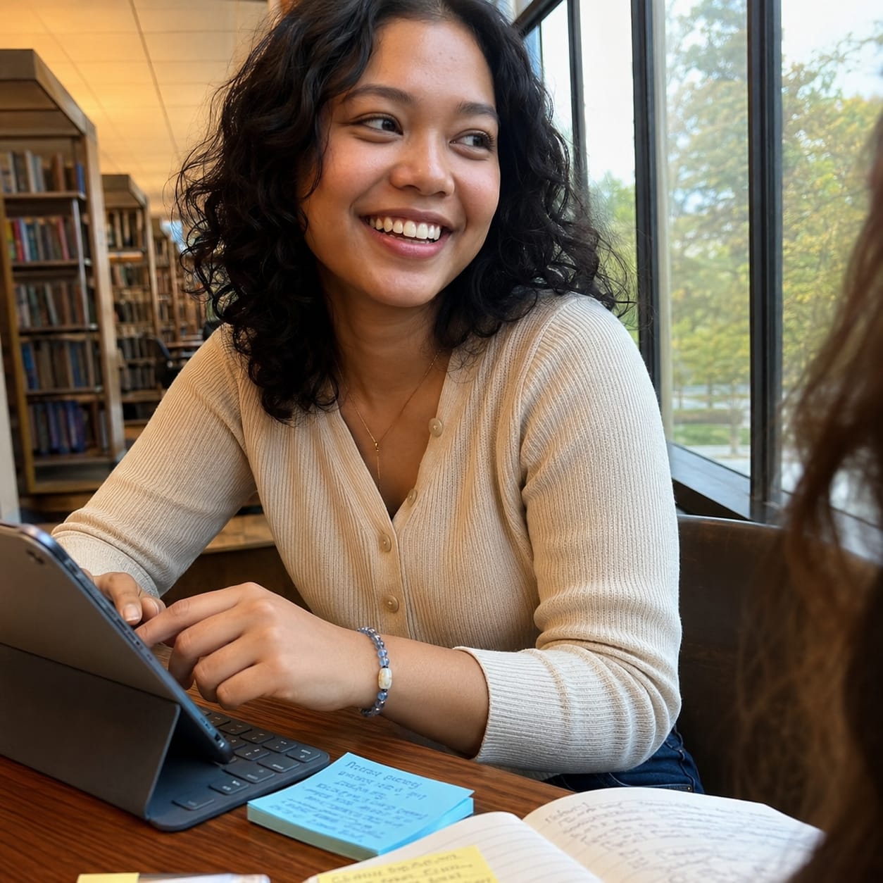 Southeast Asian female student wearing a Natural Aquamarine Bracelet with “San He Water” Hetian jade charm while writing notes at a table with books and a laptop, showing a natural, candid study moment.