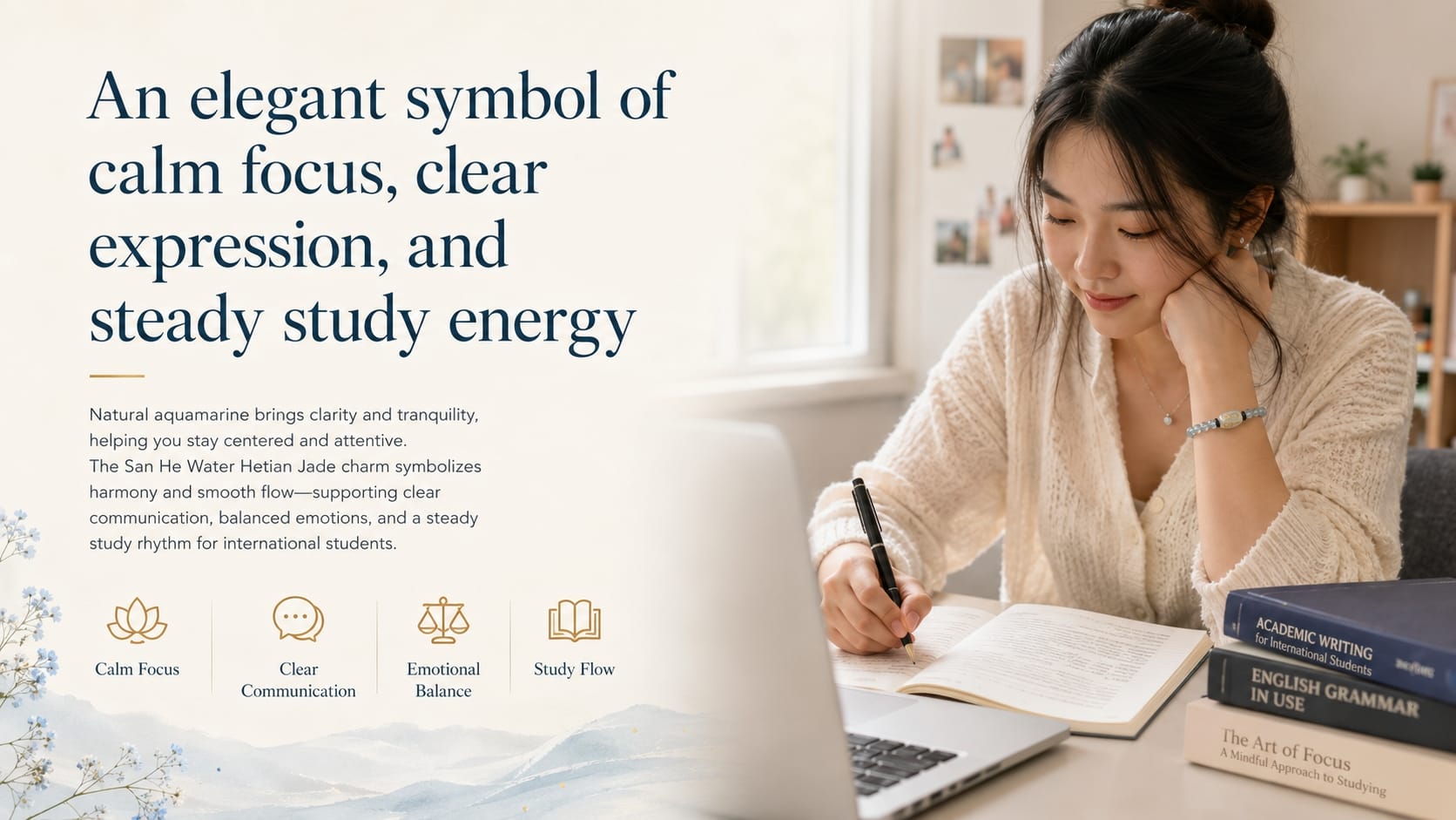 A young Southeast Asian female student wearing a Natural Aquamarine Bracelet with a Hetian jade “San He Water” charm, studying at a desk with books and laptop, illustrating calm focus, clear expression, and steady study energy in natural light.