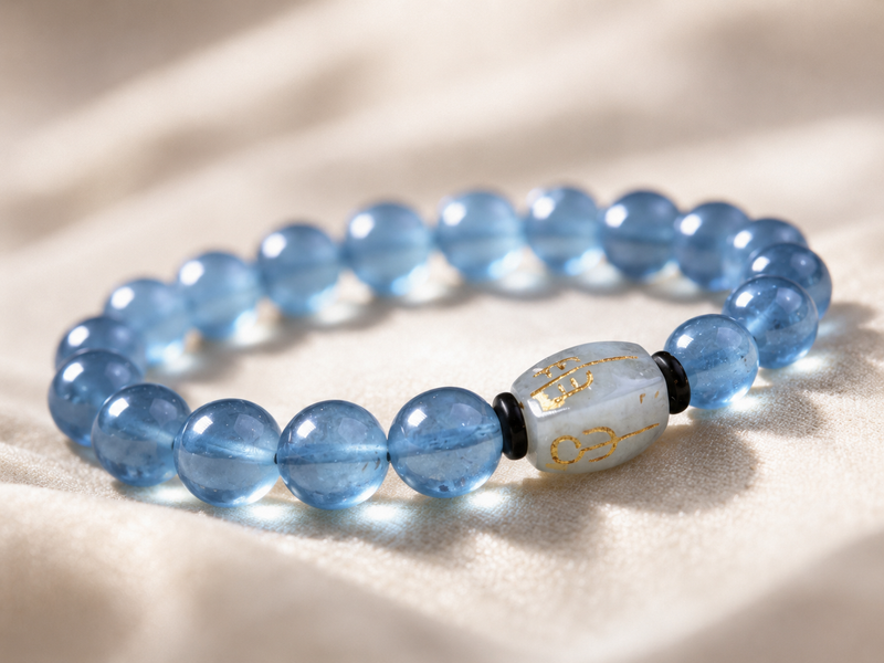 A close-up of a Natural Aquamarine Bracelet with glossy, serene blue beads and a Hetian jade “San He Water” charm, placed on a soft cream fabric.