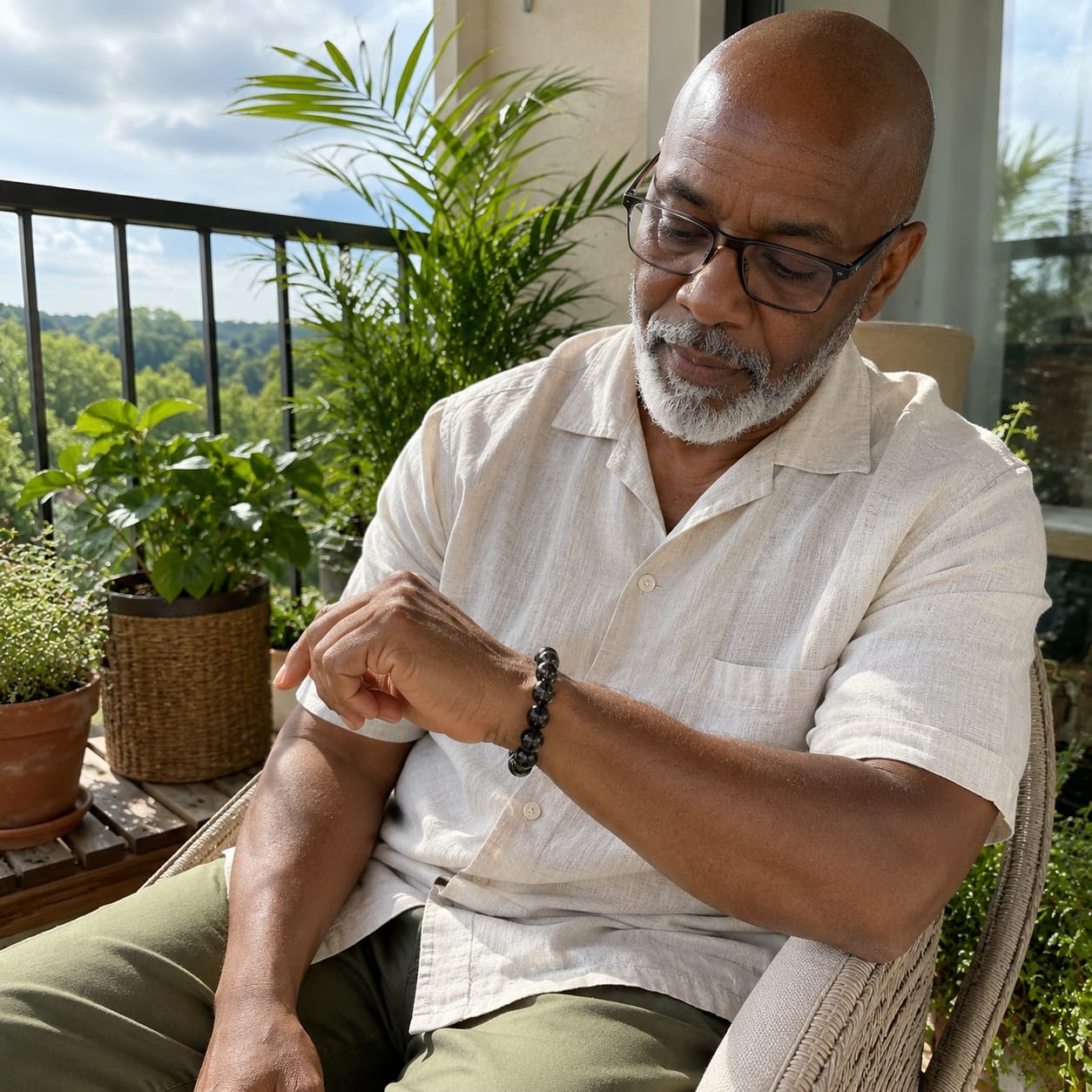 An older man wearing a Natural Black Rutilated Quartz Bracelet while seated outdoors on a balcony, showing the bracelet as a meaningful daily wellness accessory in a relaxed lifestyle setting.