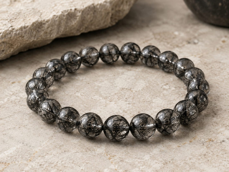 A full view of a Natural Black Rutilated Quartz Bracelet laid flat on a light stone surface, showing smoky translucent beads with unique needle-like black inclusions in each bead.