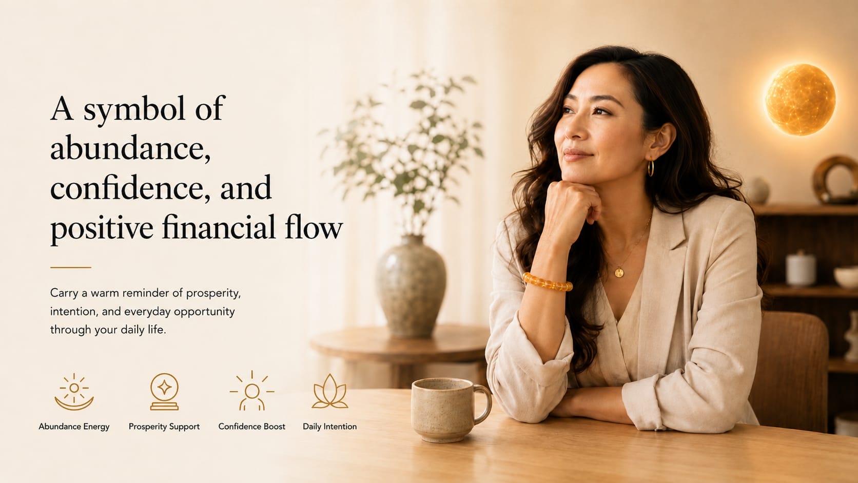 A stylish woman wearing a natural yellow citrine bead bracelet on her wrist, sitting at a wooden table with a ceramic mug. She gazes thoughtfully to the side in a sunlit, minimalist room, conveying abundance, confidence, and positive energy. Below the text are icons labeled Abundance Energy, Prosperity Support, Confidence Boost, and Daily Intention.
