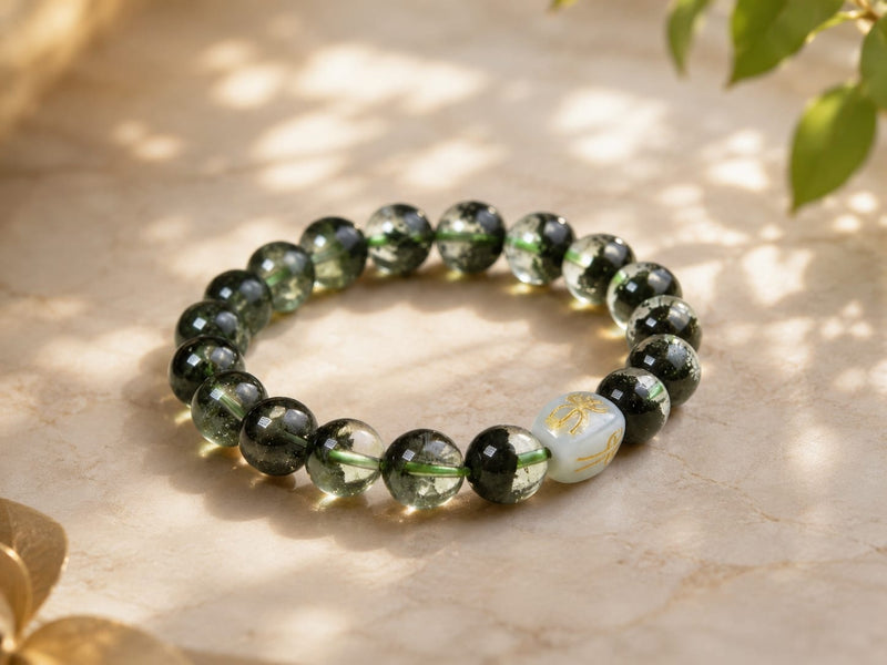 A Green Phantom Quartz Bracelet laid on a textured stone surface, showcasing its rare green phantom inclusions and reflective beads, symbolizing growth and individuality.