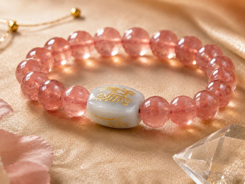 Close-up product image of a Natural Rhodochrosite Bracelet with a Hetian jade talisman bead, displayed on a soft golden fabric background with a crystal accent. The pink beads show natural translucency and delicate rosy tones.