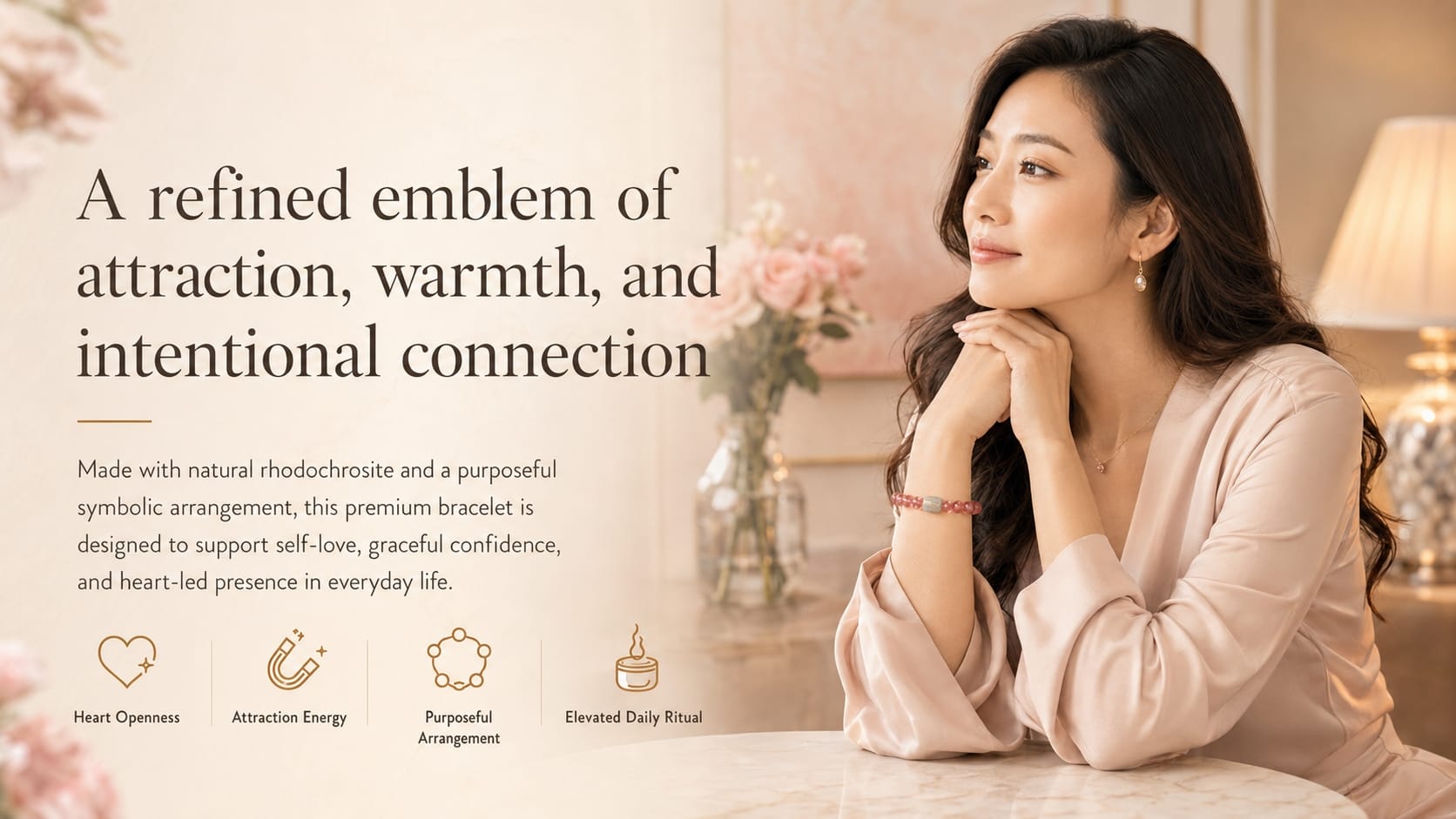A stylish woman wearing a Natural Rhodochrosite Bracelet with a Hetian Jade Talisman Bead, sitting at a luxurious cafe table. She gazes thoughtfully to the side, showcasing heart-led confidence and elegance. The bracelet highlights purposeful symbolic arrangement, promoting self-love, attraction energy, and elevated daily ritual. Background features soft pink flowers and a warm, refined cafe ambiance.