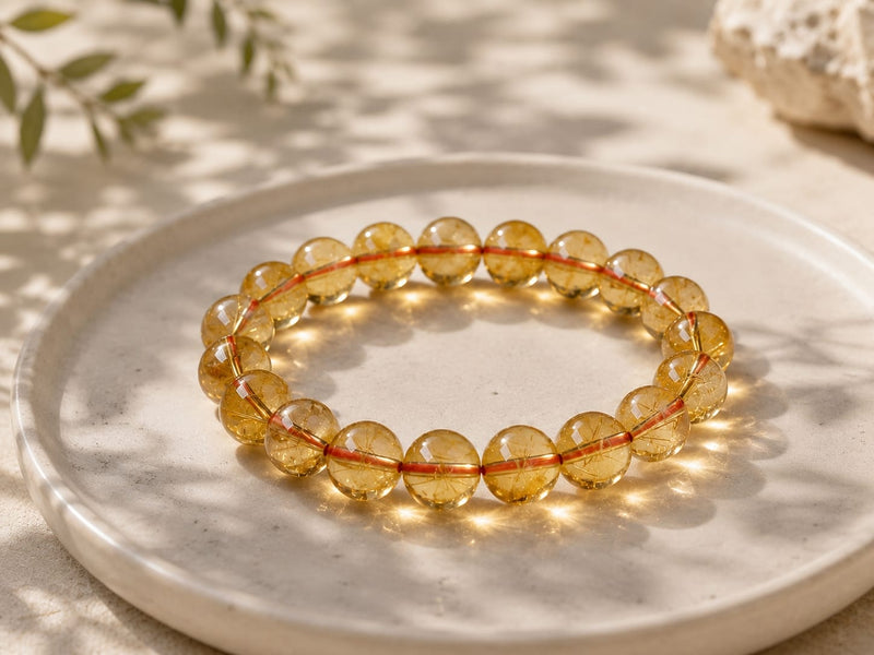 A natural yellow citrine bead bracelet displayed on a white ceramic plate. Each bead shows subtle golden tones and natural inclusions, highlighting the bracelet’s unique organic beauty.