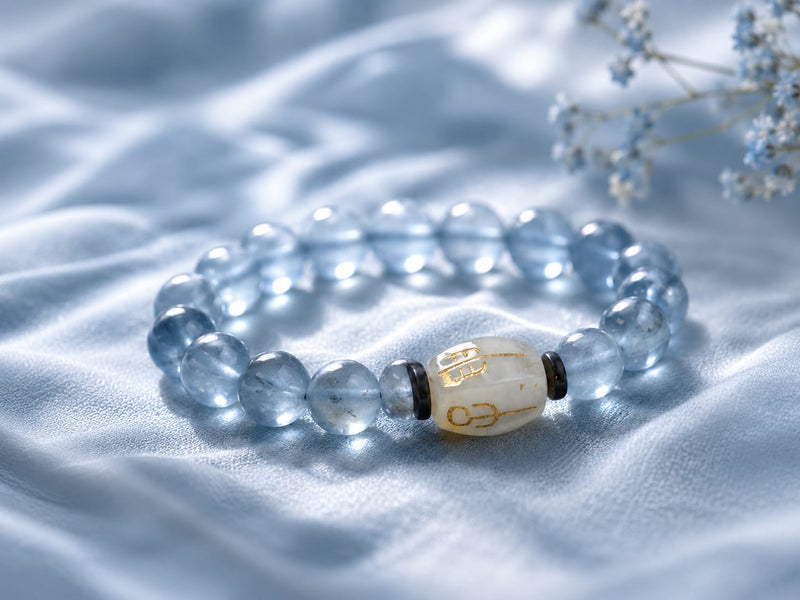 Close-up of a Natural Aquamarine Bracelet with a Hetian jade “San He Water” charm, highlighting the soft, luminous blue beads and their airy, light-catching quality.