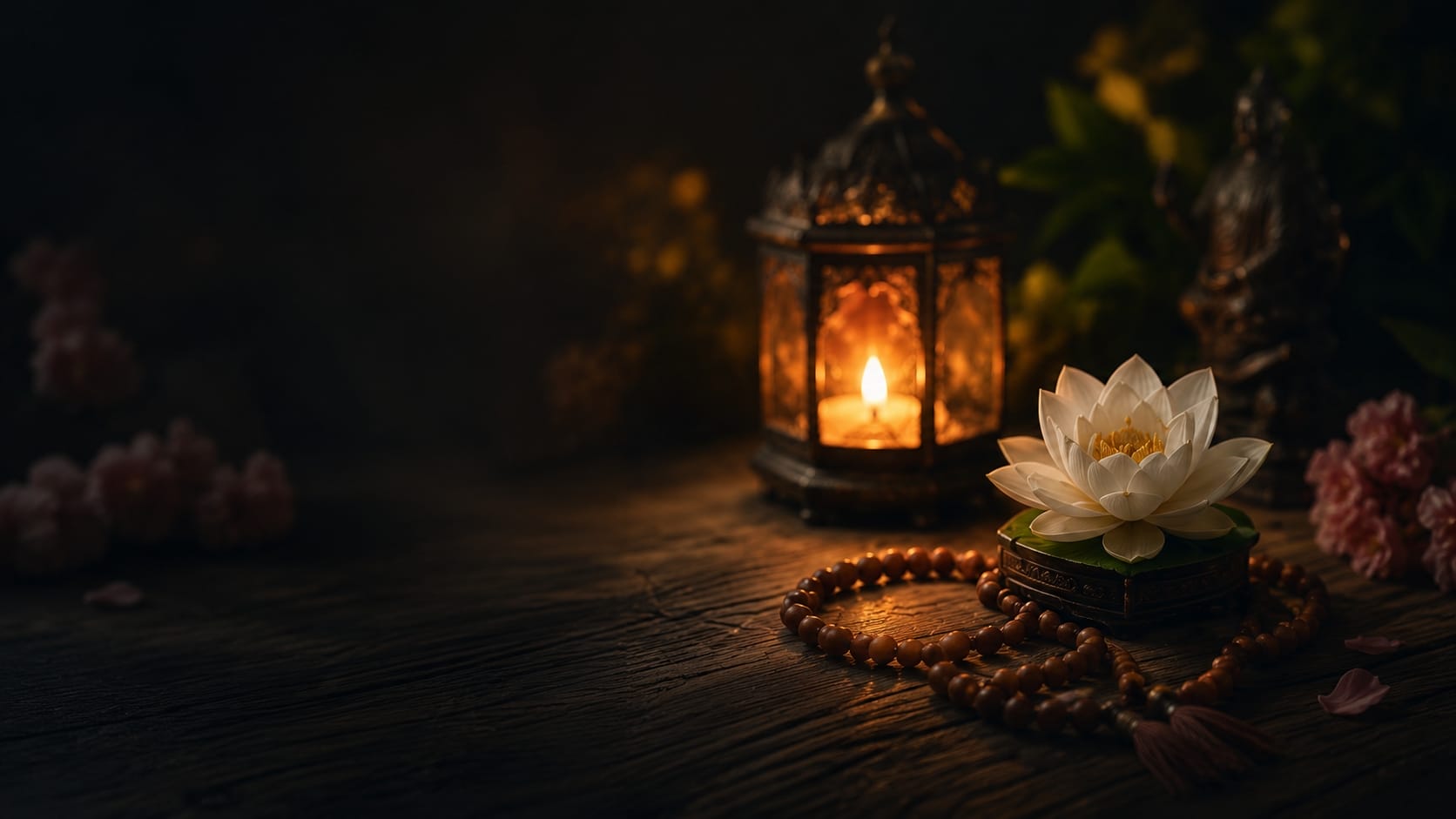 Dark luxury CTA banner for Oracle Reading Services featuring candlelight, lotus flower, and spiritual beads, with a button inviting visitors to view service details.