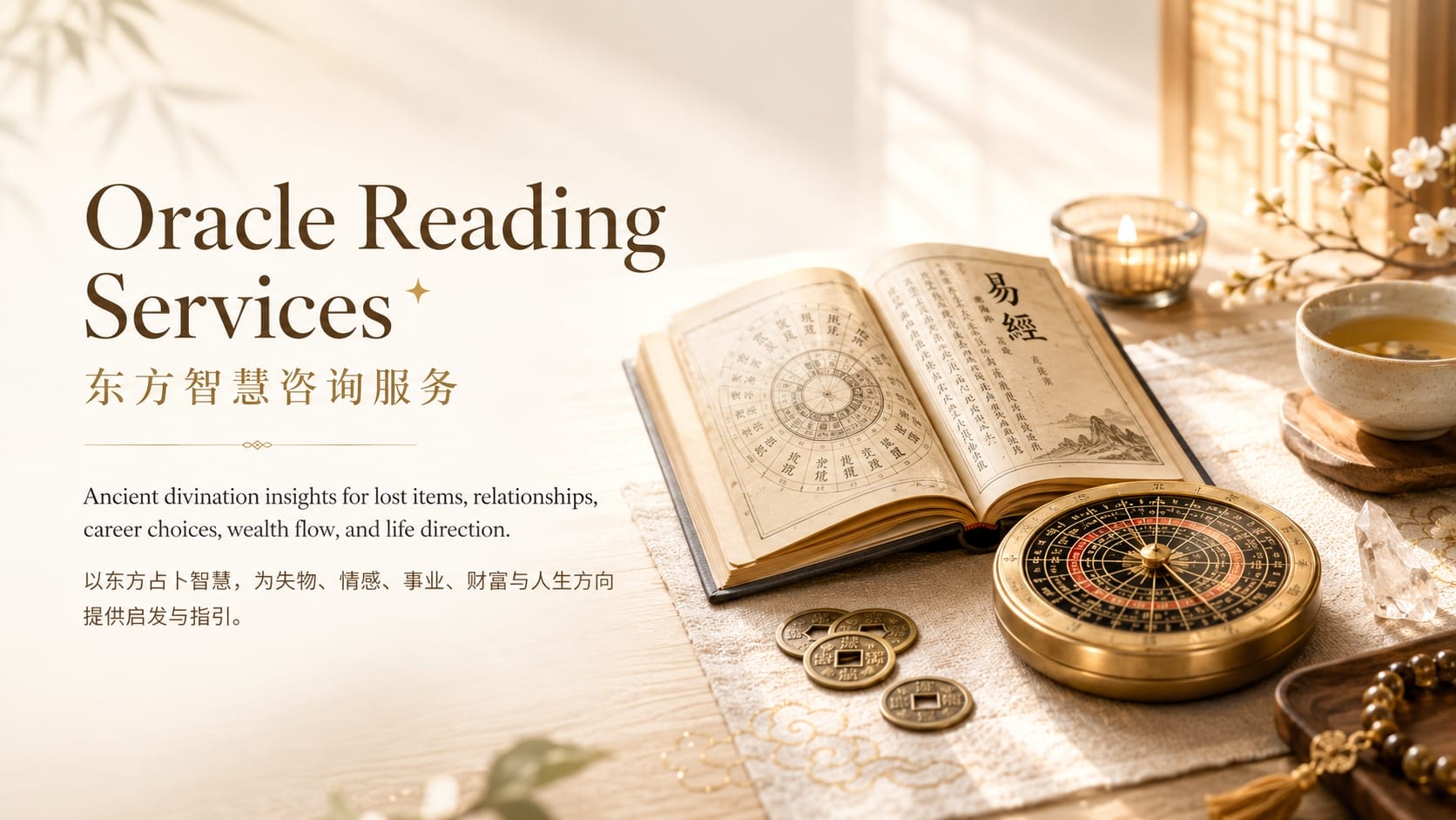 Bright Oracle Reading Services banner featuring an open I Ching book, feng shui compass, tea cup, candlelight, and bilingual text for Eastern wisdom consultation services.