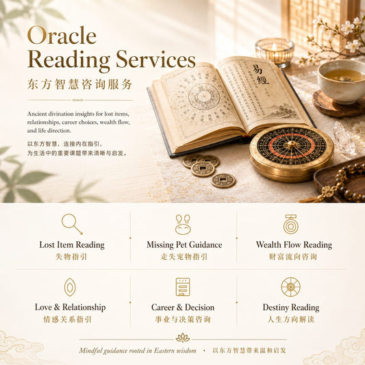Oracle Reading Services overview image featuring an I Ching book, feng shui compass, tea cup, and six spiritual guidance service categories in English and Chinese.