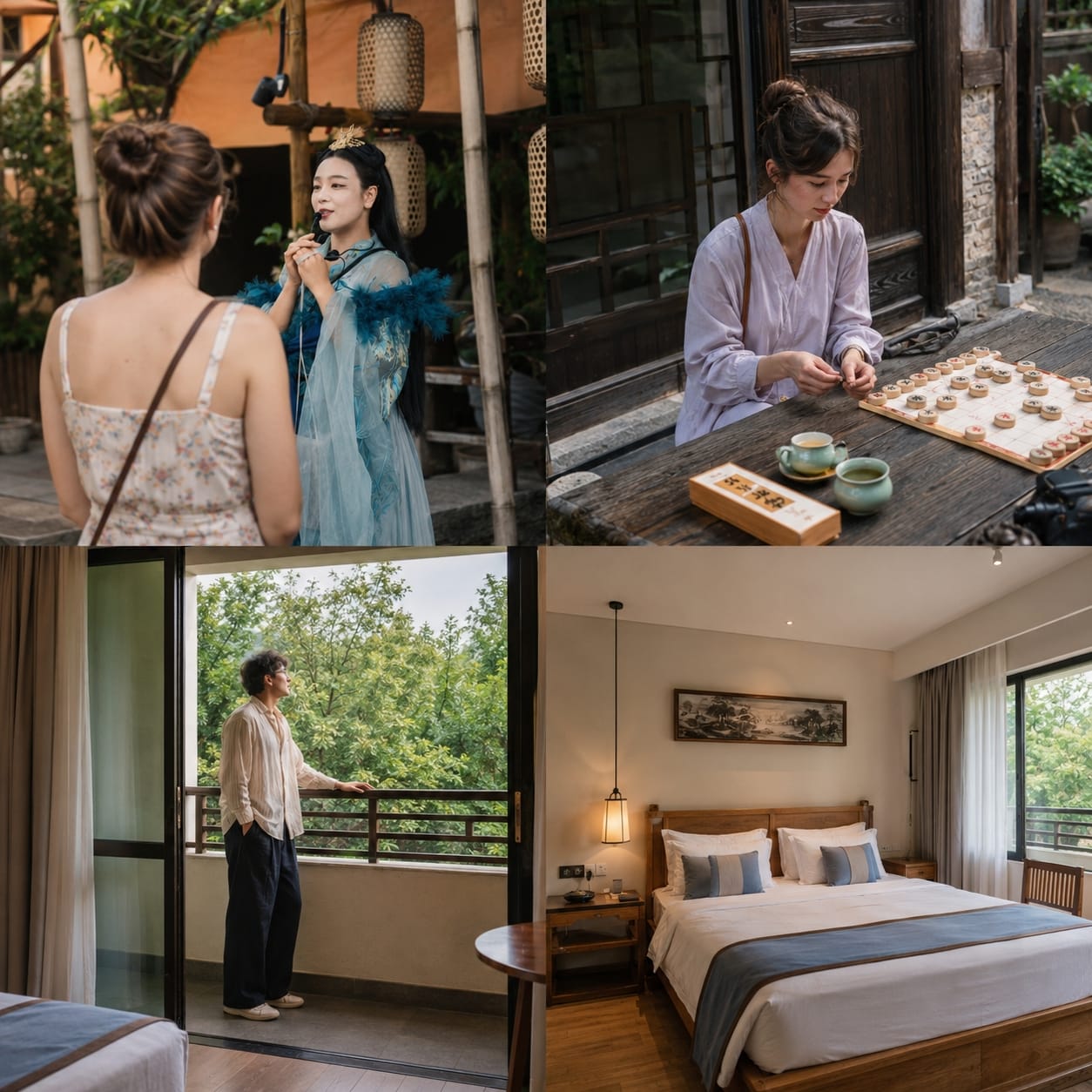 Collage of Oriental Salt Lake City cultural experiences including traditional performance, chess activity, boutique accommodation, and scenic balcony view, representing a customized resort-style Taoist cultural retreat.