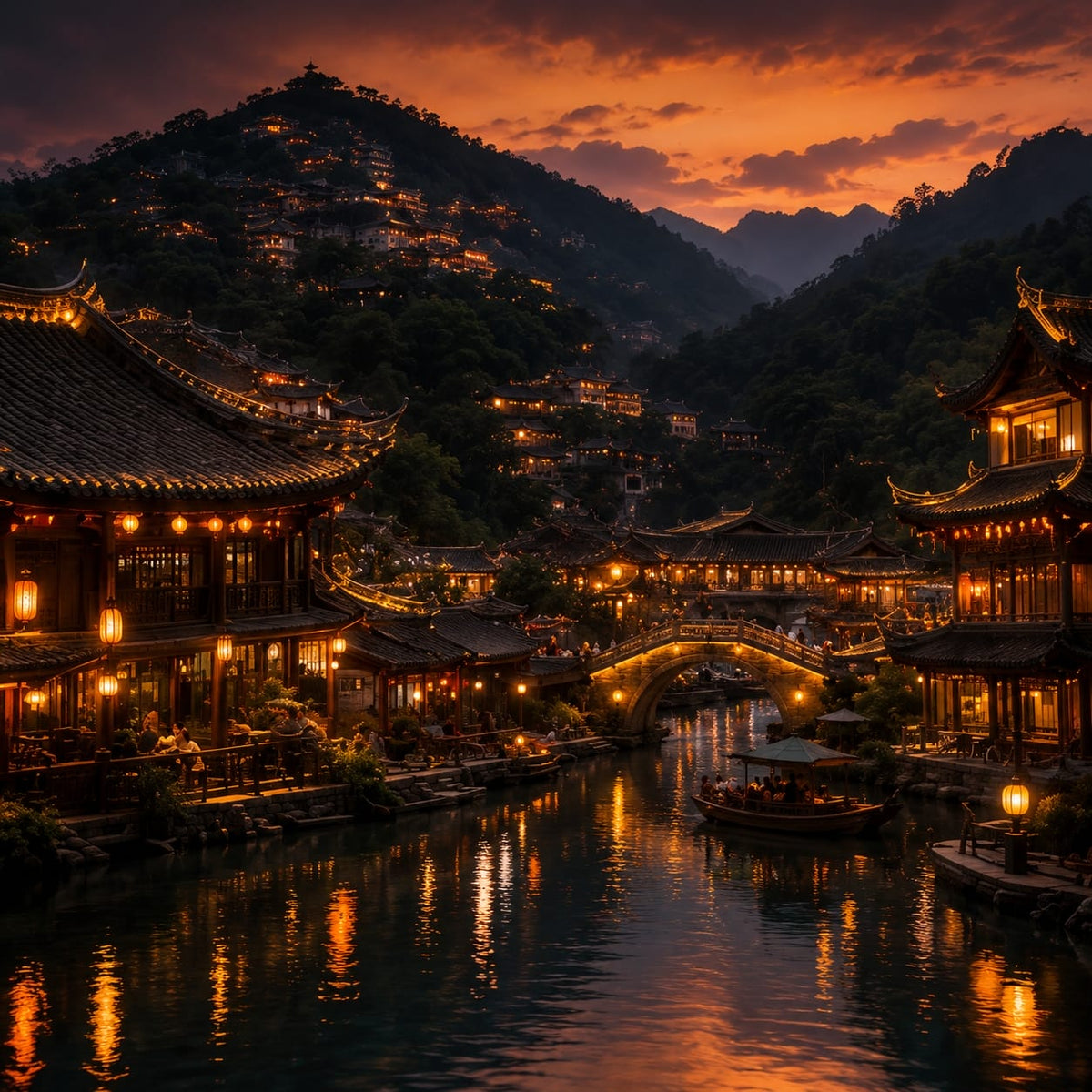 A journey card for Oriental Salt Lake City One-Day Immersive Culture Journey, featuring warm lantern night scenery, traditional water-town architecture, cultural town experiences, shows, wellness tea and night walk.