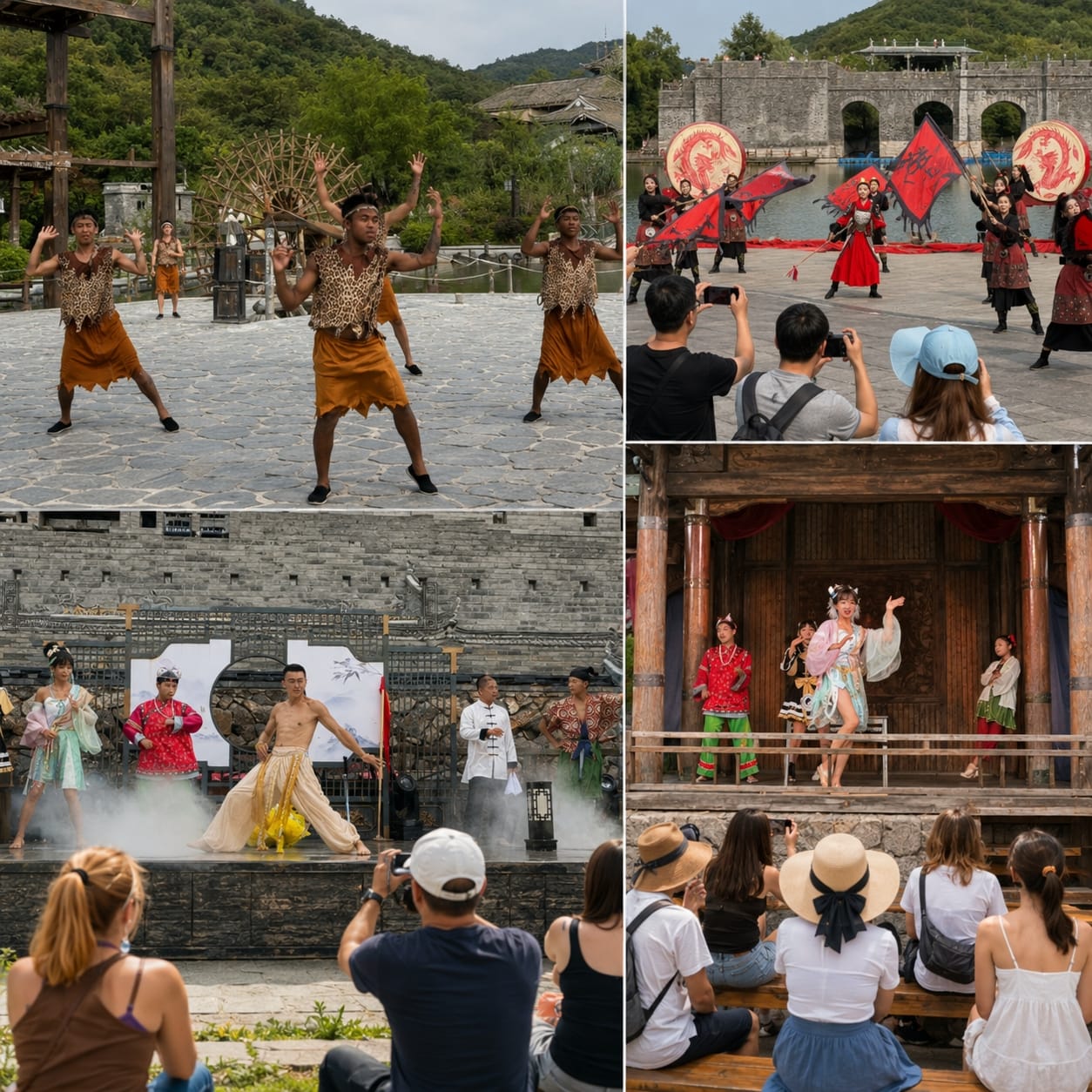 Collage of live cultural performances at Oriental Salt Lake City, including traditional dance, stage shows, folk costumes, and outdoor entertainment for a customized cultural retreat experience.