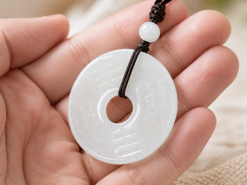 White Hetian jade Peace Buckle Pendant resting in a hand, showing its natural jade texture, round form, and meaningful everyday design.