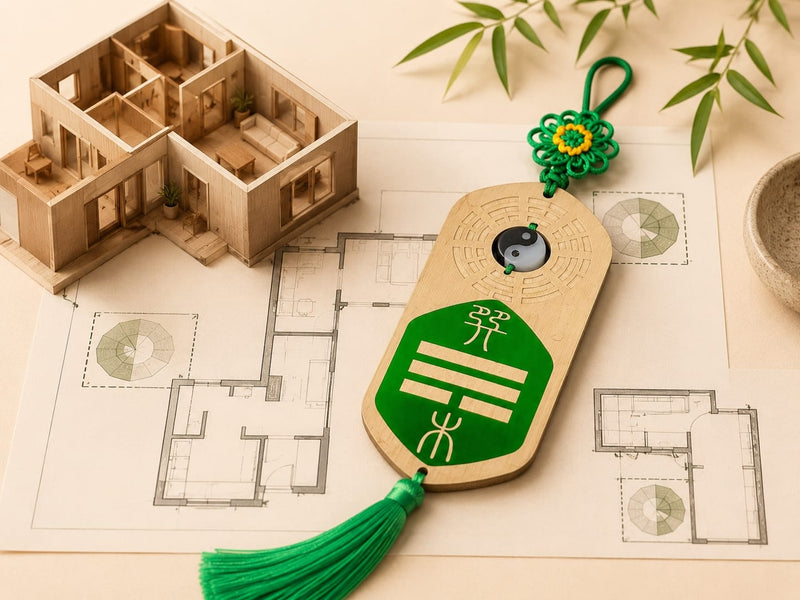 Green Missing Corner Plaque placed next to a miniature floor plan and architectural model. Plaque hangs from a green decorative knot, illustrating thoughtful positioning near a missing corner and connection to home layout.