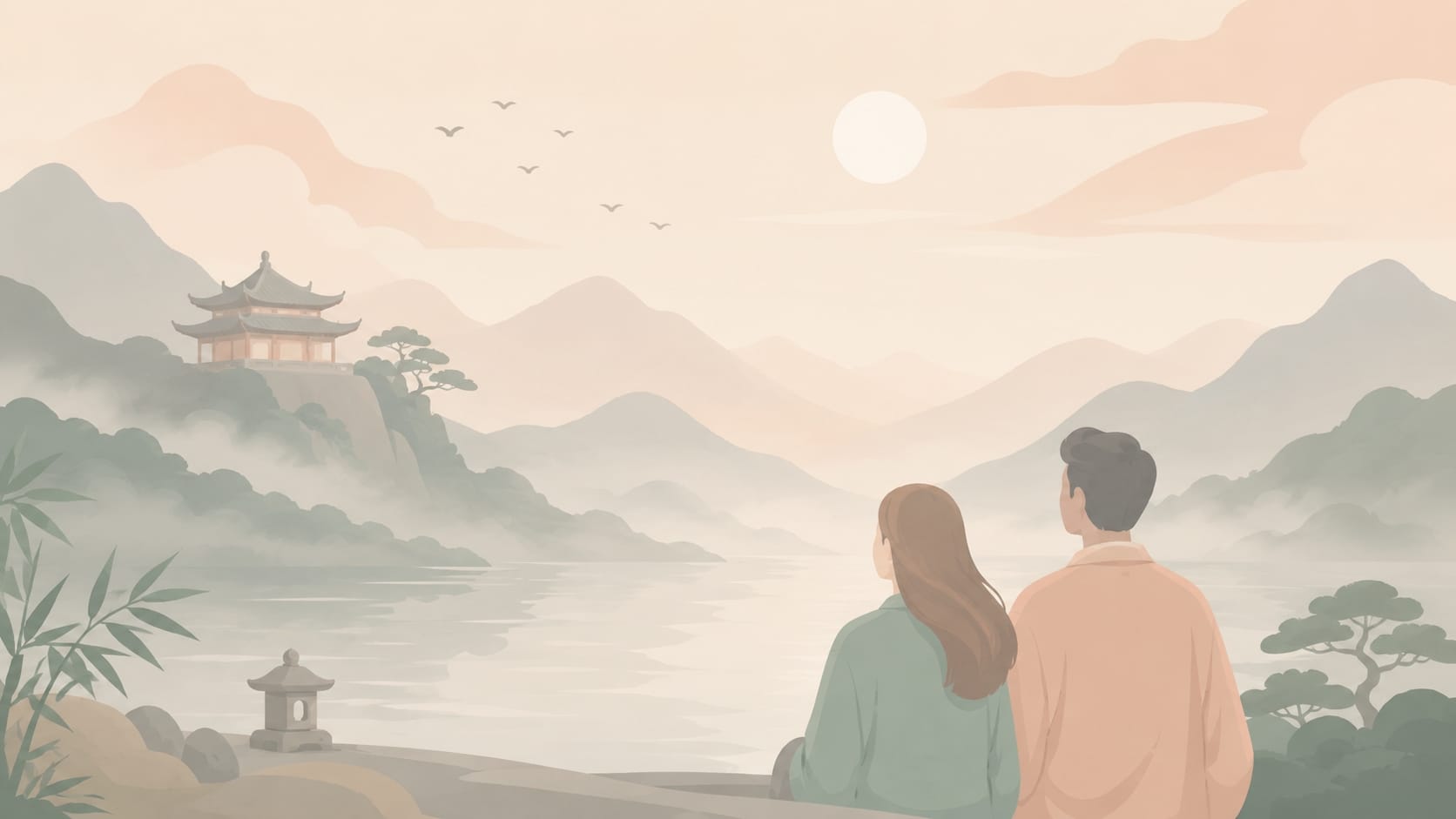 Illustrated CTA banner for planning a private Taoist journey, showing a peaceful mountain and lake landscape with a couple overlooking the scenery, inviting guests to begin a customized cultural travel experience.