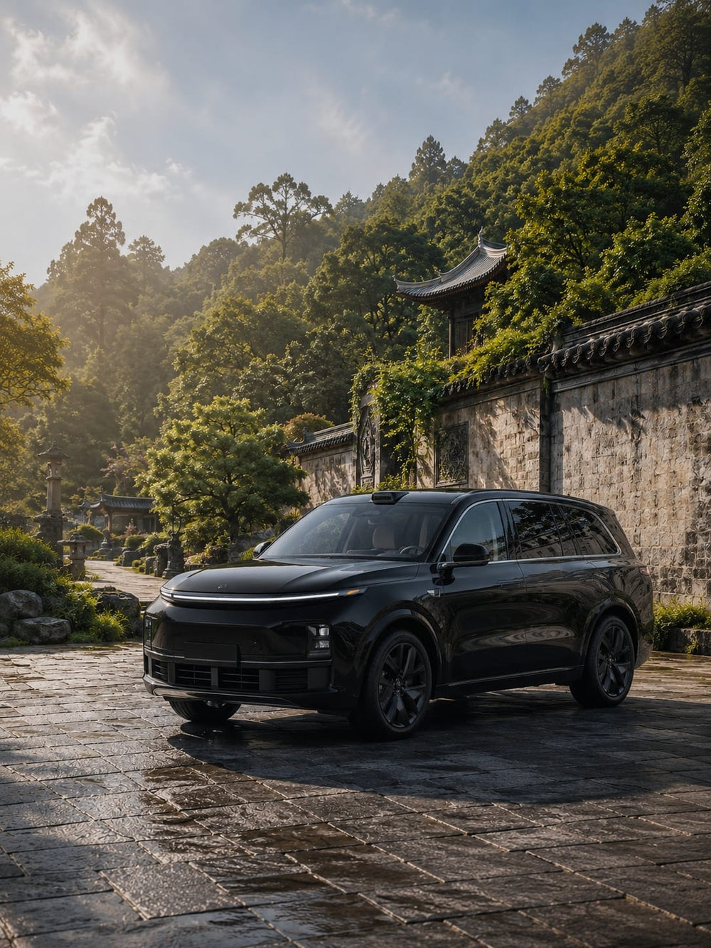 Premium black private SUV parked beside a traditional Taoist temple garden, representing comfortable private transfers with professional driver service for a customized Taoist cultural journey.