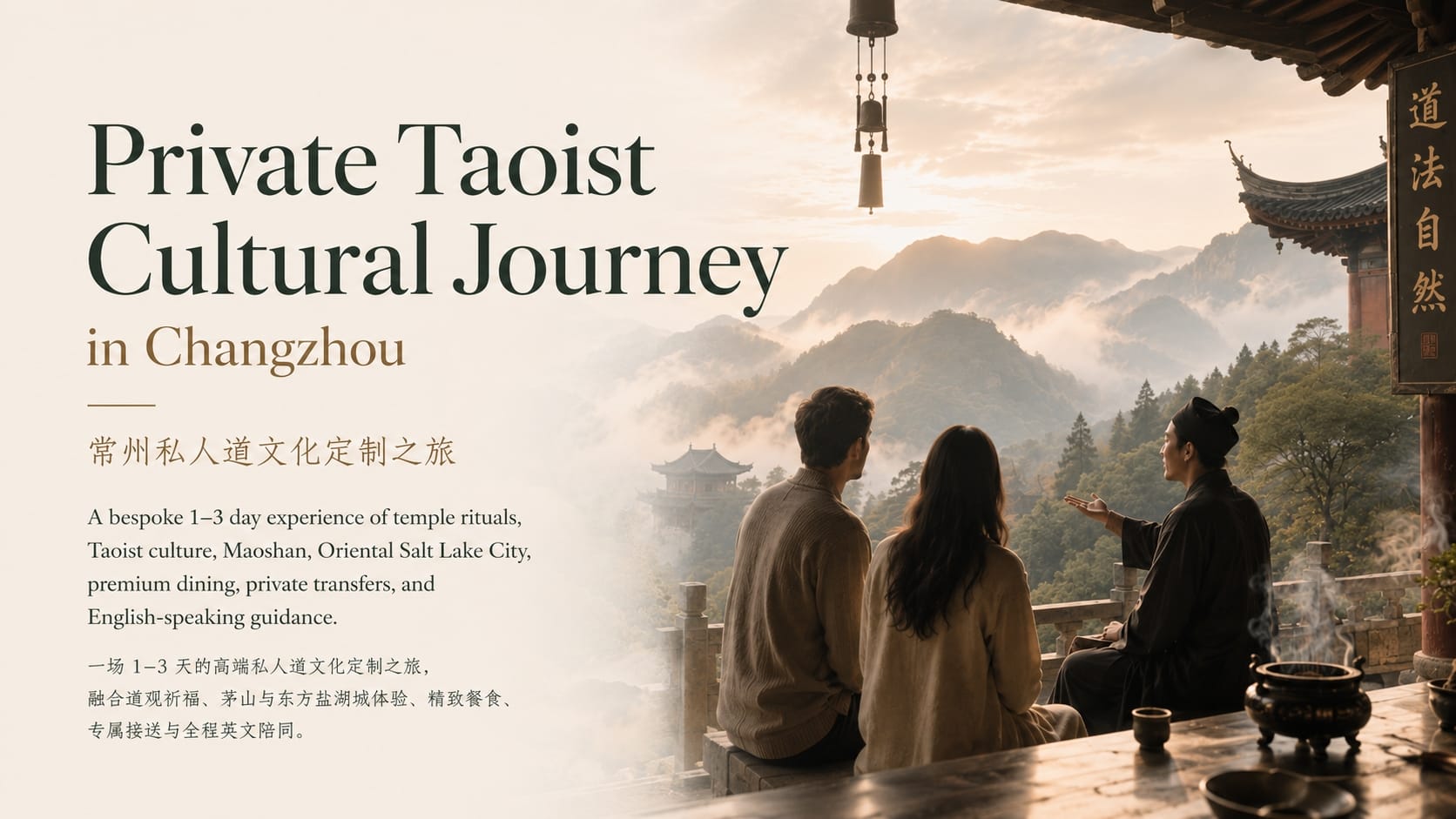 Private Taoist cultural journey in Changzhou with English-guided guests overlooking misty mountains and a Taoist temple, featuring a premium 1–3 day customized cultural travel experience with temple rituals, Maoshan, Oriental Salt Lake City, dining, and private transfers.