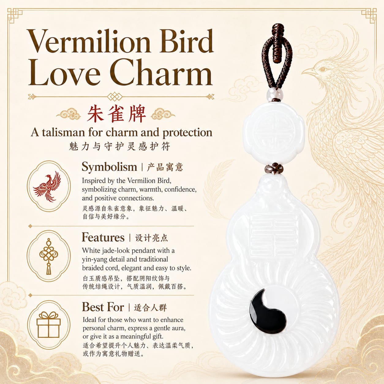 The Vermilion Bird pendant accompanied by a product information card detailing symbolism, features, and best uses, displayed on a clean background for clarity.