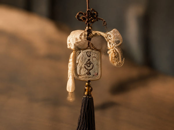 A decorative Feng Shui protection charm with tassel and traditional inscriptions, designed to safeguard the home and family.