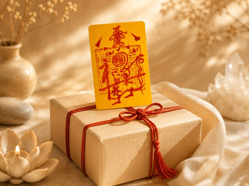 Golden Protection & Peace Talisman placed on an elegant gift box with a red cord, representing a meaningful spiritual gift for peace, protection, and blessings for loved ones.