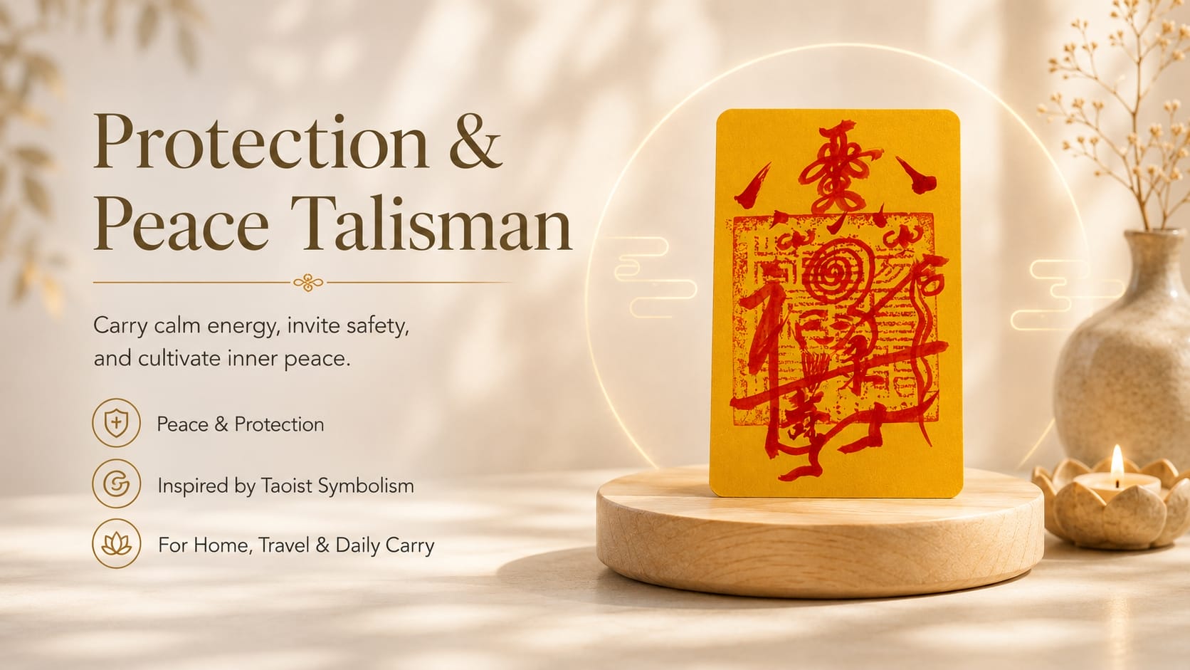Golden yellow Protection & Peace Talisman with red Taoist-inspired markings displayed on a wooden pedestal, surrounded by soft light, candle glow, and peaceful spiritual decor for protection, calm energy, and daily carry.