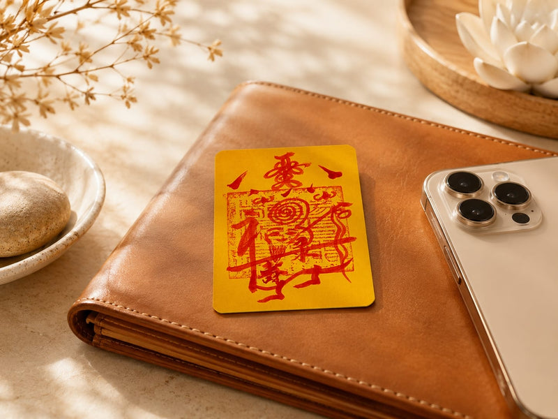 Golden yellow Protection & Peace Talisman placed on a leather wallet beside a smartphone, showing it as a daily carry spiritual item for calm, safety, and grounded energy.