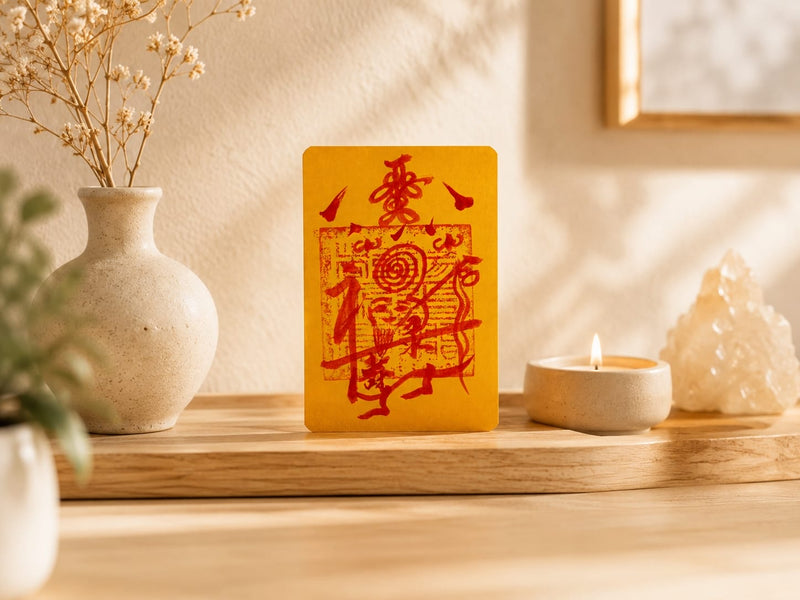 Protection & Peace Talisman displayed on a wooden shelf with candlelight, ceramic decor, and soft natural light, representing peace, balance, and protective energy at home.