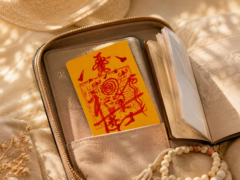 Protection & Peace Talisman placed inside a travel organizer with passport and personal items, symbolizing safe journeys, peaceful travel, and spiritual protection on the go.
