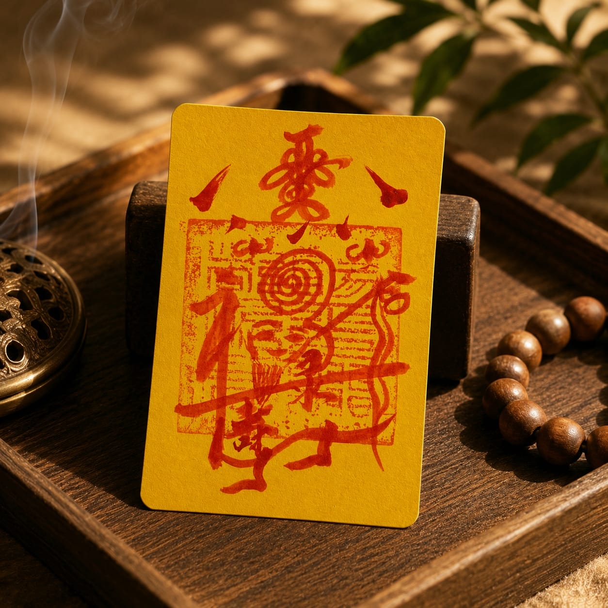 Golden Protection & Peace Talisman placed on a wooden tray with spiritual decor, showing a calm Taoist-inspired setting for peace, protection, and balance.
