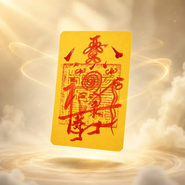 Golden yellow Protection & Peace Talisman floating in a soft golden aura with light clouds, symbolizing peace, protection, calm energy, and spiritual support.