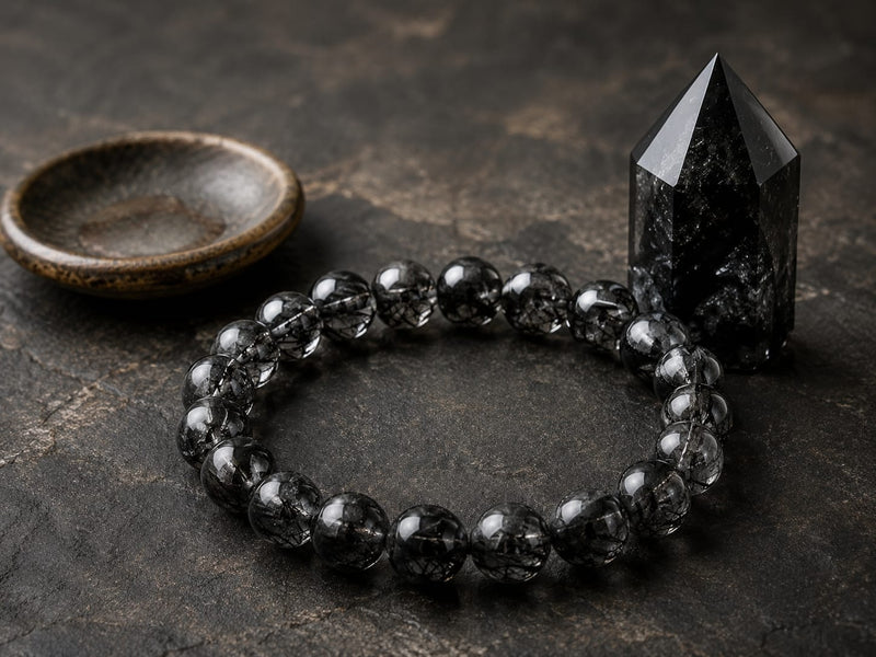 Natural Black Rutilated Quartz Bracelet displayed on a dark textured surface next to a black crystal point and a small ceramic dish, emphasizing the protective and grounding qualities of the stone.
