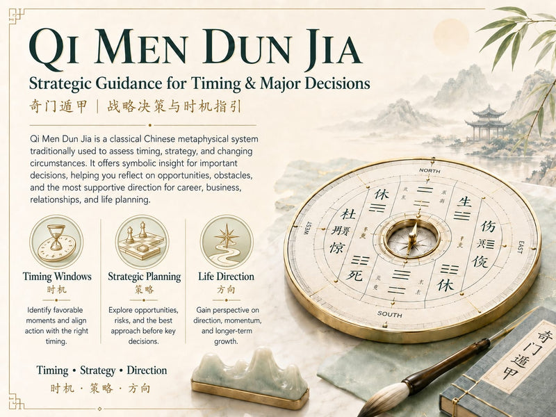 Qi Men Dun Jia divination setup with Chinese compass, strategic chart, and brush on a desk, representing symbolic guidance for strategy, timing, and major decisions.