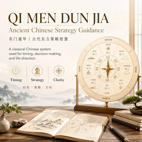 Qi Men Dun Jia strategic chart, compass, and classical texts arranged on a table for illustrating ancient Chinese strategy guidance.