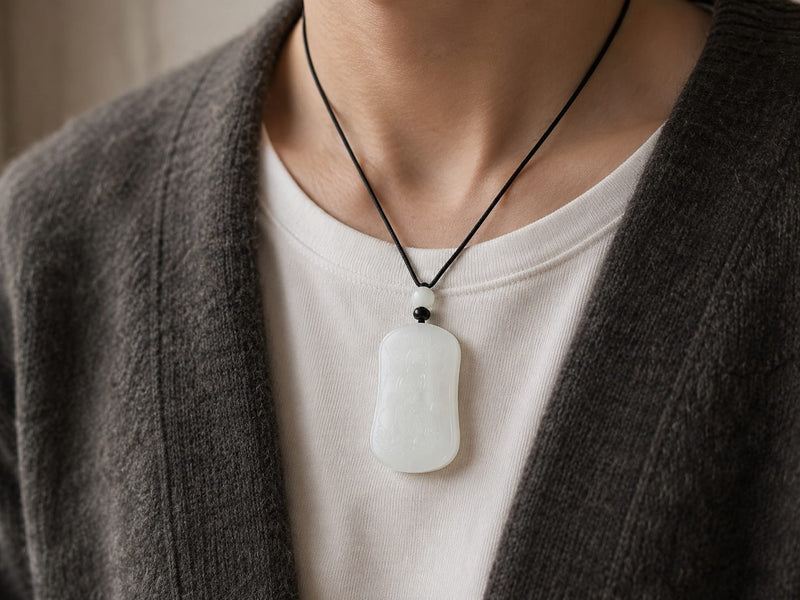 Water Qilin jade pendant styled on a person wearing a neutral sweater, paired with a boxed presentation set including a soft pouch and care card. The composition emphasizes elegance, mindfulness, and gift-ready appeal.
