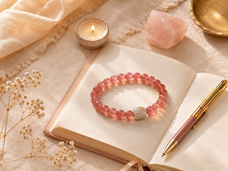 Natural Rhodochrosite Bracelet with a Hetian jade talisman bead resting on an open journal beside a candle, rose quartz stone, and pen. The soft lifestyle setting suggests a calm morning ritual with gentle feminine energy.