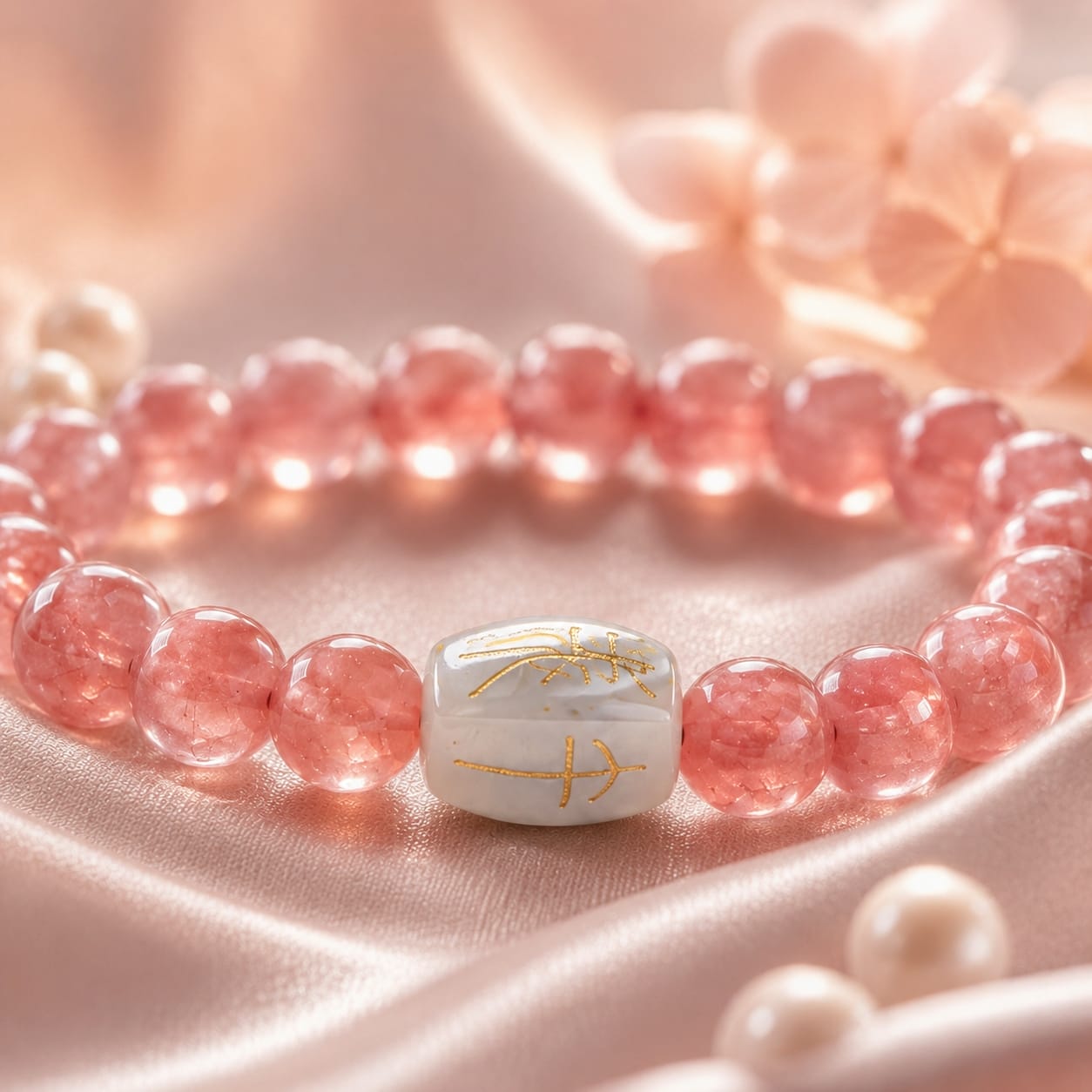 Natural Rhodochrosite Bracelet with Hetian Jade talisman bead displayed on silky pink fabric with floral petals, highlighting the gemstone’s translucency and delicate glow.