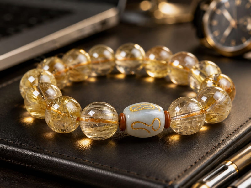 Close-up of a Golden Rutilated Quartz bracelet featuring the central San He Metal Formation charm, placed on a dark leather surface with a pen beside it, emphasizing its symbolic arrangement for discipline, decisive action, and career energy.