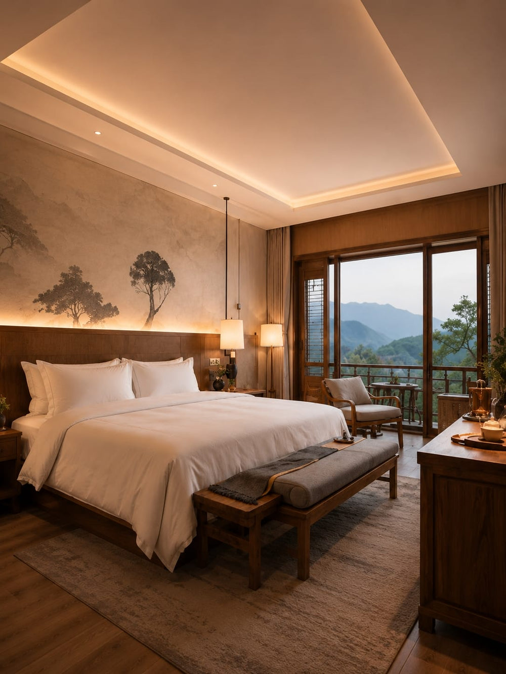 Elegant boutique hotel room with warm wooden interior and mountain view, representing selected accommodation included in 2-day and 3-day private Taoist cultural journeys.
