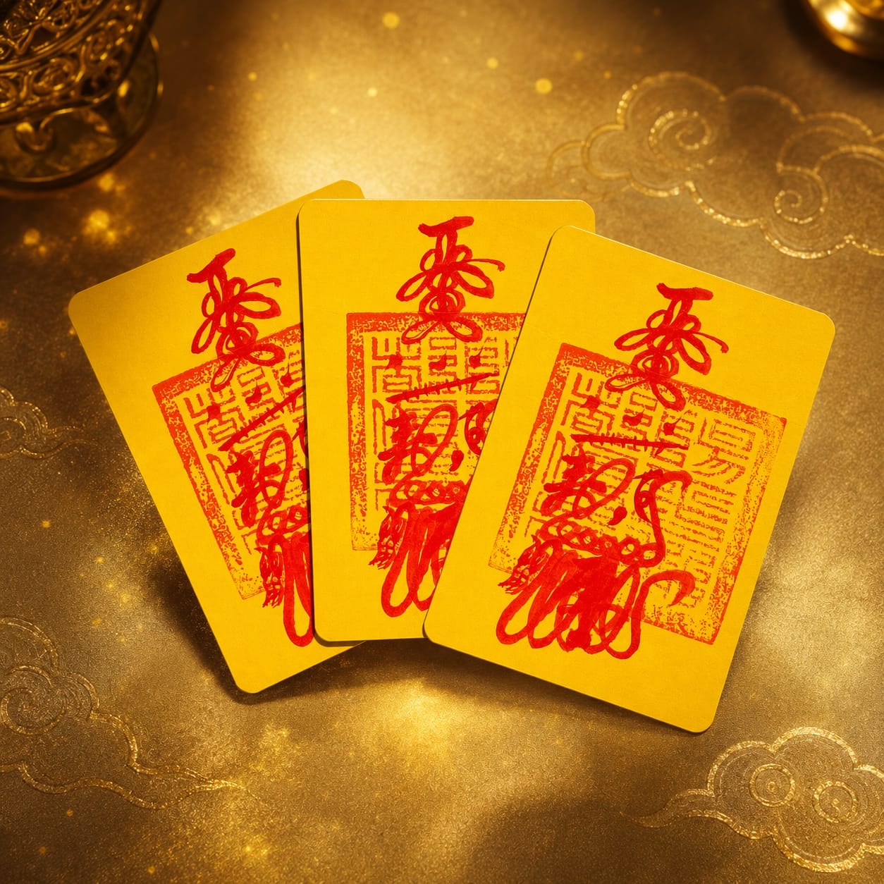Three yellow hand-drawn Wealth Talismans with red ink brushwork arranged on a glowing golden background. The composition emphasizes the handcrafted quality, uniformity, and auspicious symbolism of the talisman set.