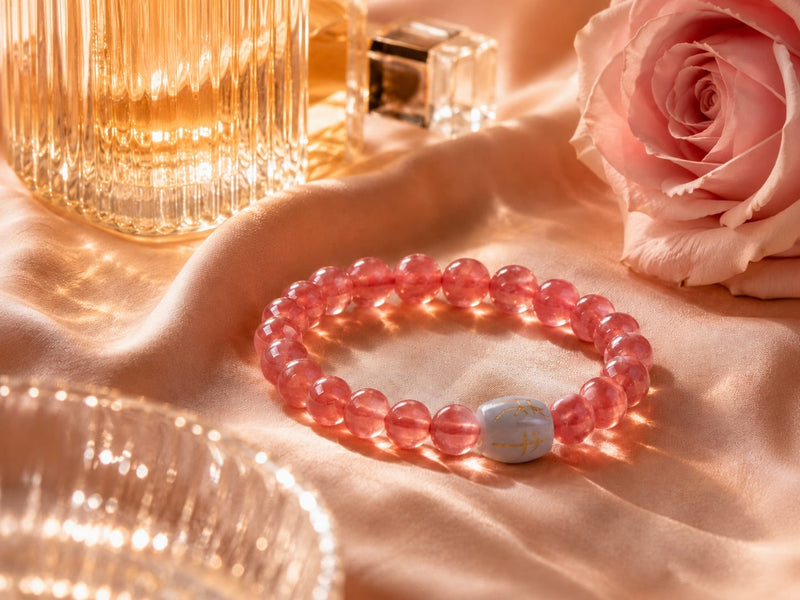 Natural Rhodochrosite Bracelet with a Hetian jade talisman bead displayed on blush satin beside a pink rose and elegant glassware. The warm, romantic setting highlights the bracelet’s soft glow and refined attraction-inspired mood.